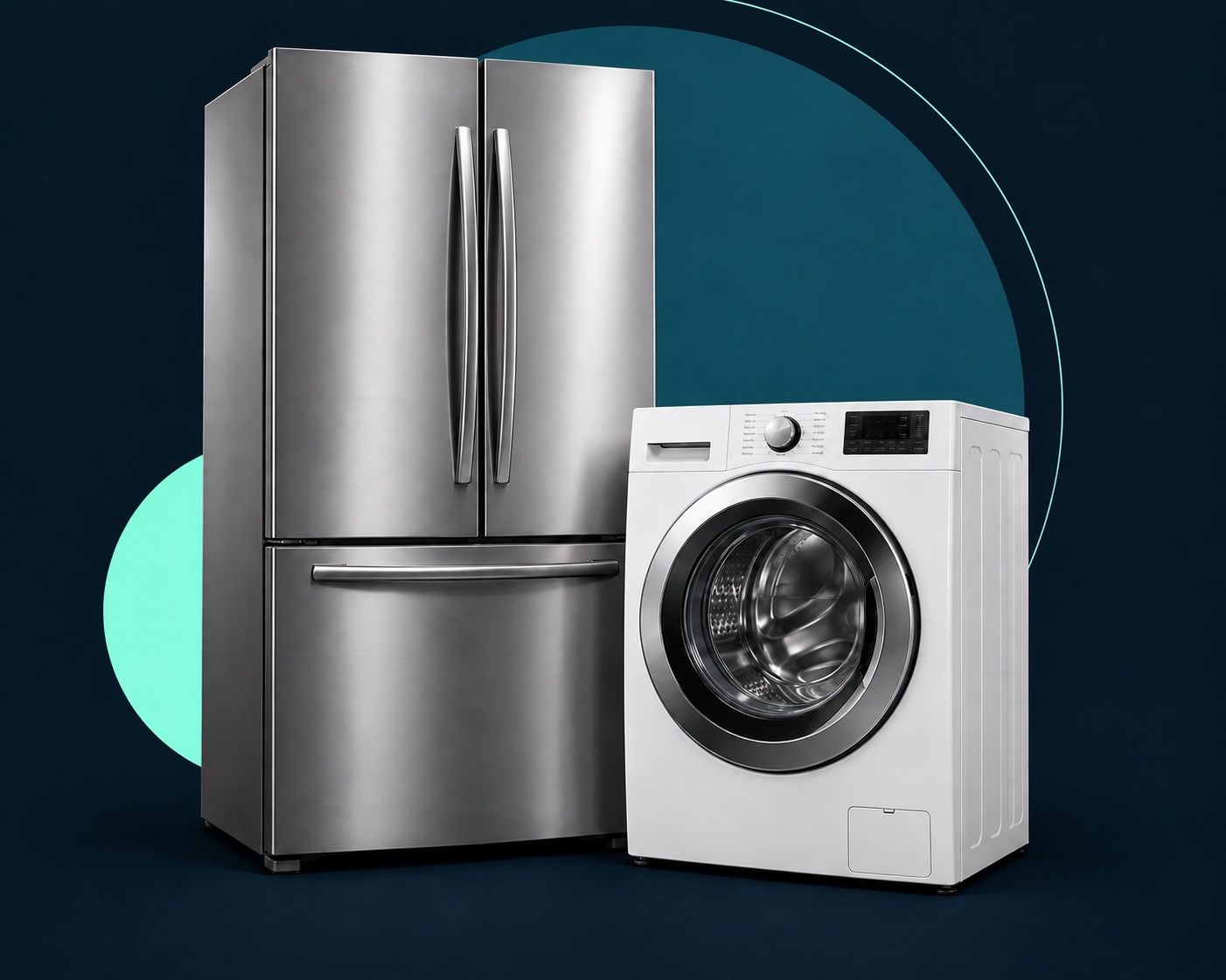 Stainless steel refrigerator and front-loading washing machine on a navy geometric background